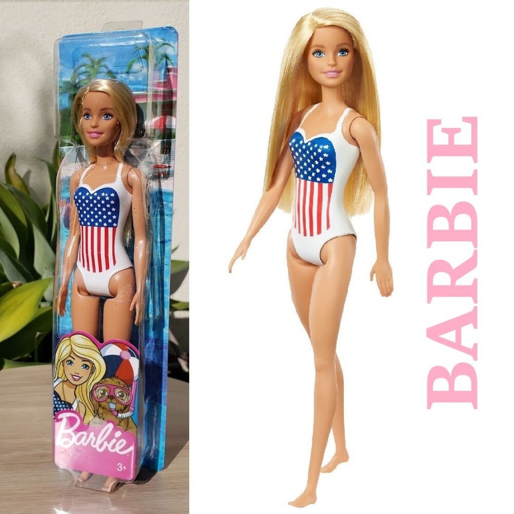 NEW Barbie Beach Doll Blonde Hair USA Flag Swimsuit Easter Basket gift stocking